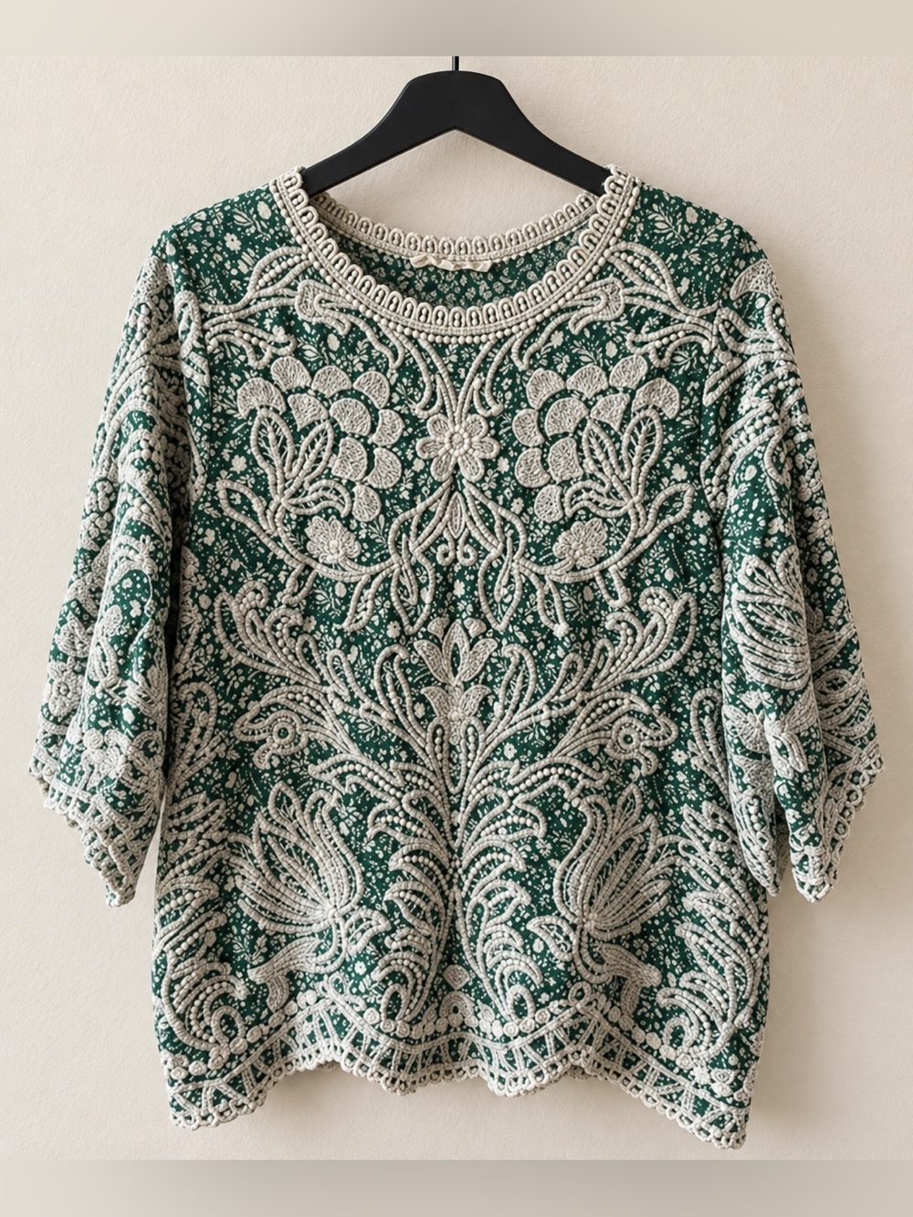Solitaire Green Rayon Embroidered Floral Scroll Top Scalloped Sleeve XL EUC 1441